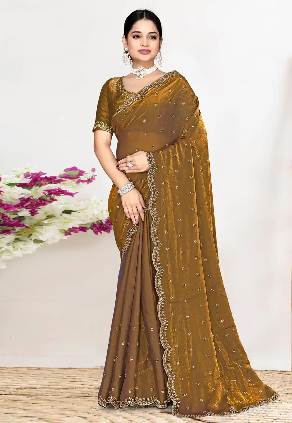 Golden Satin Silk Saree With Blouse 327219