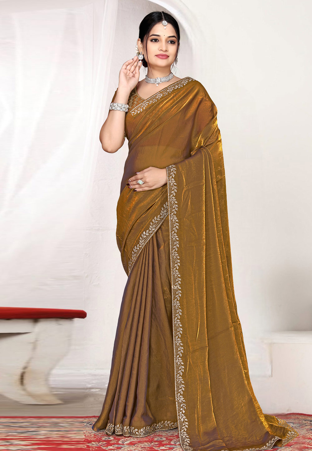 Golden Satin Silk Saree With Blouse 327385