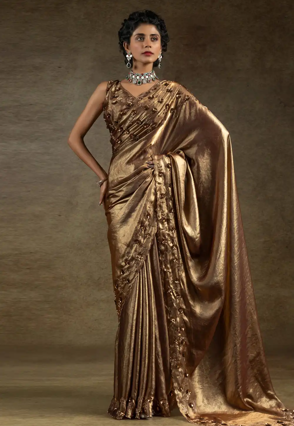 Golden Satin Silk Saree With Blouse 307699