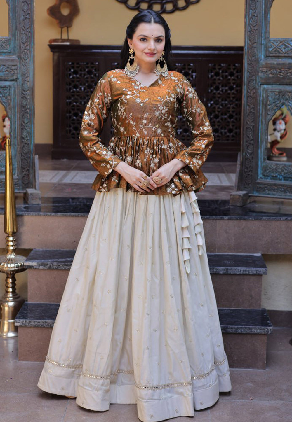 slim fit dress slacks Best golden hour embroidered silk dress in pakistan – Emaan Adeel main image 0