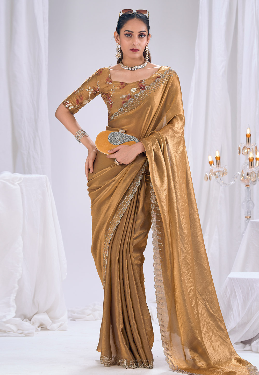 Golden Silk Saree With Blouse 329649