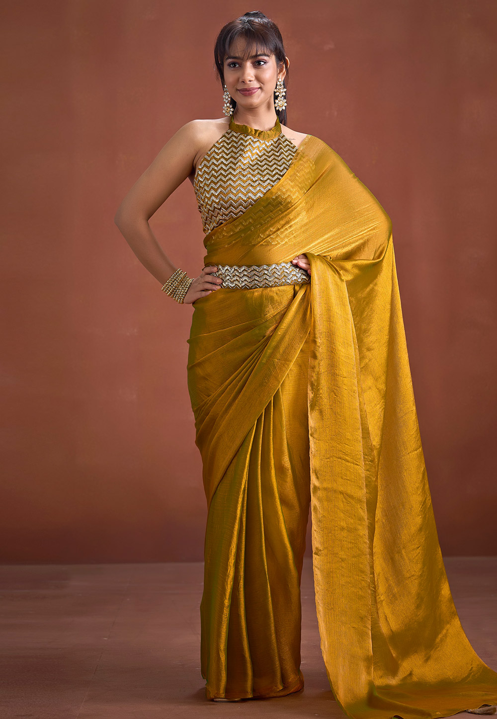 Golden Silk Saree With Blouse 327763