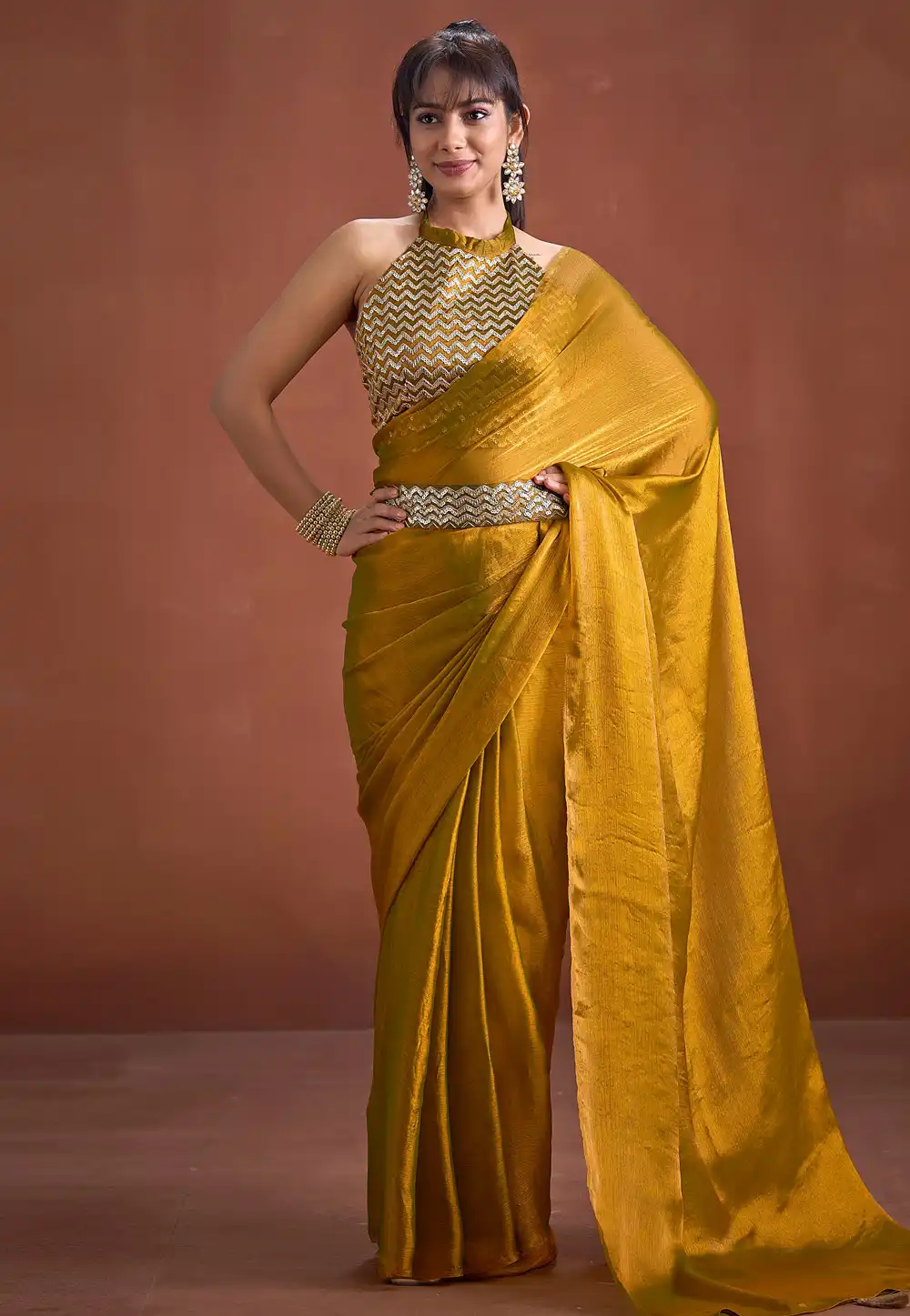 Golden Silk Saree With Blouse 327763