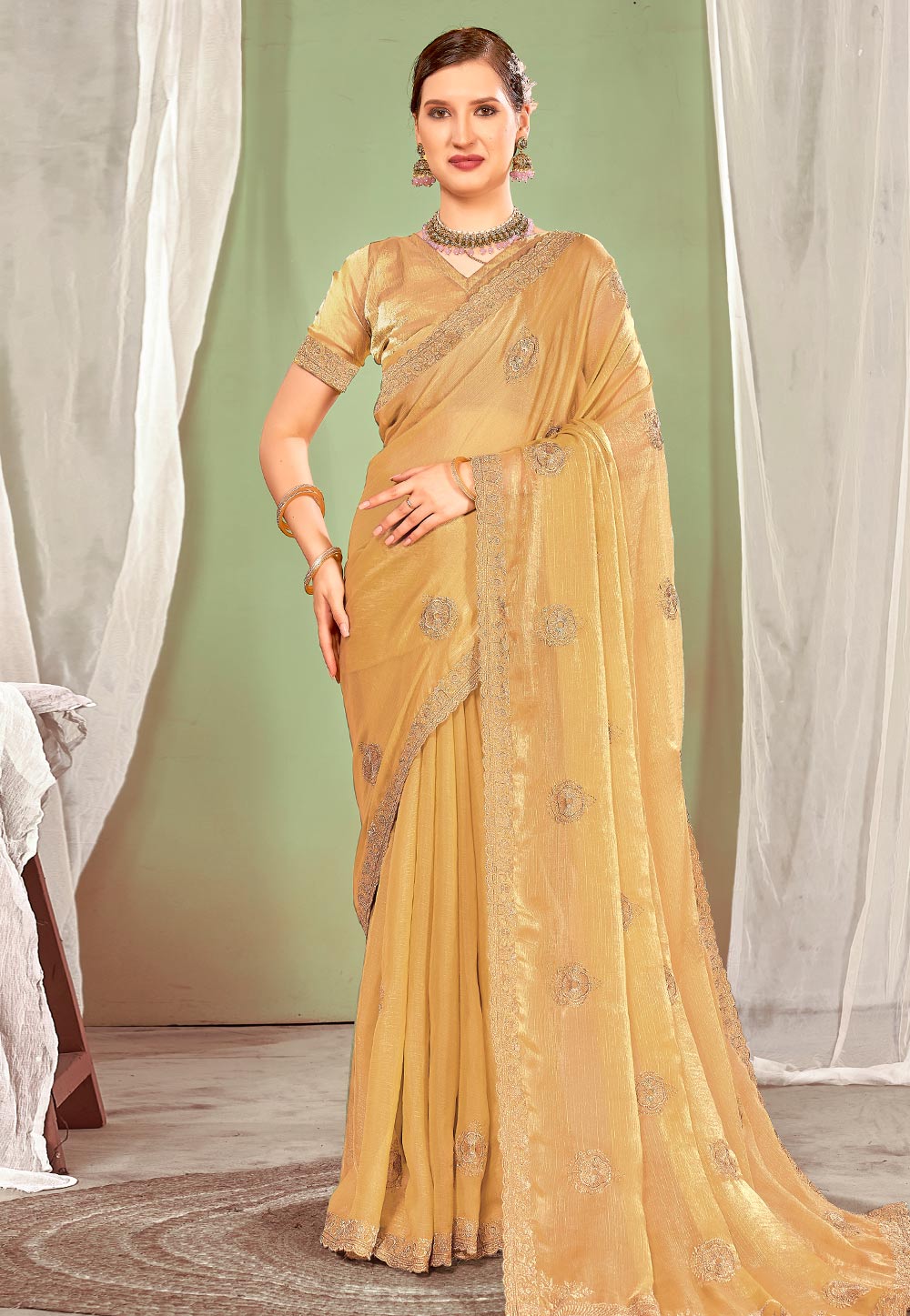 Golden Silk Saree With Blouse 311501