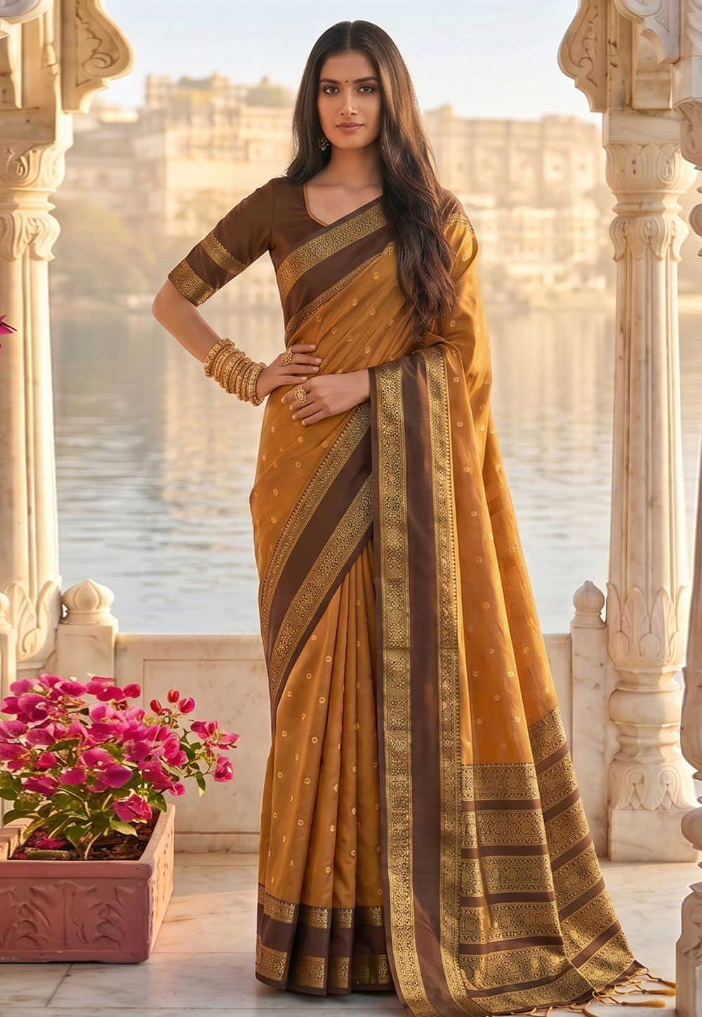 Golden Silk Saree With Blouse 329535