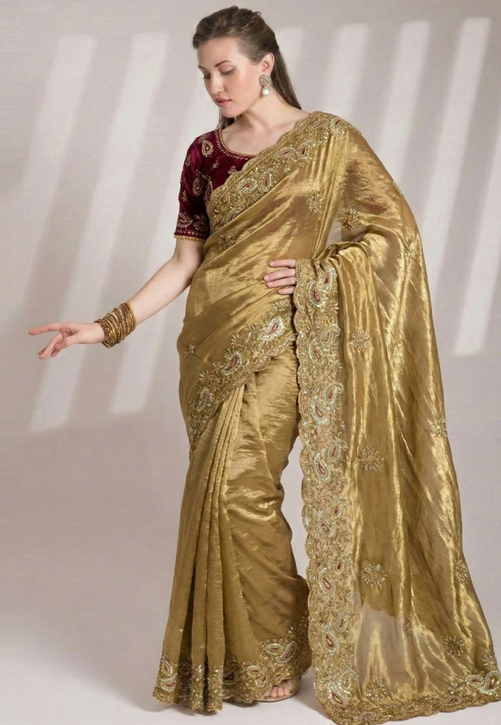 Golden Silk Saree With Blouse 330074