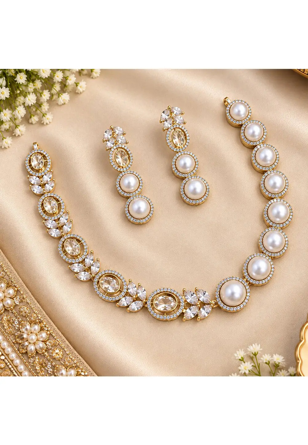 Golden Stone Necklace With Earrings 335560