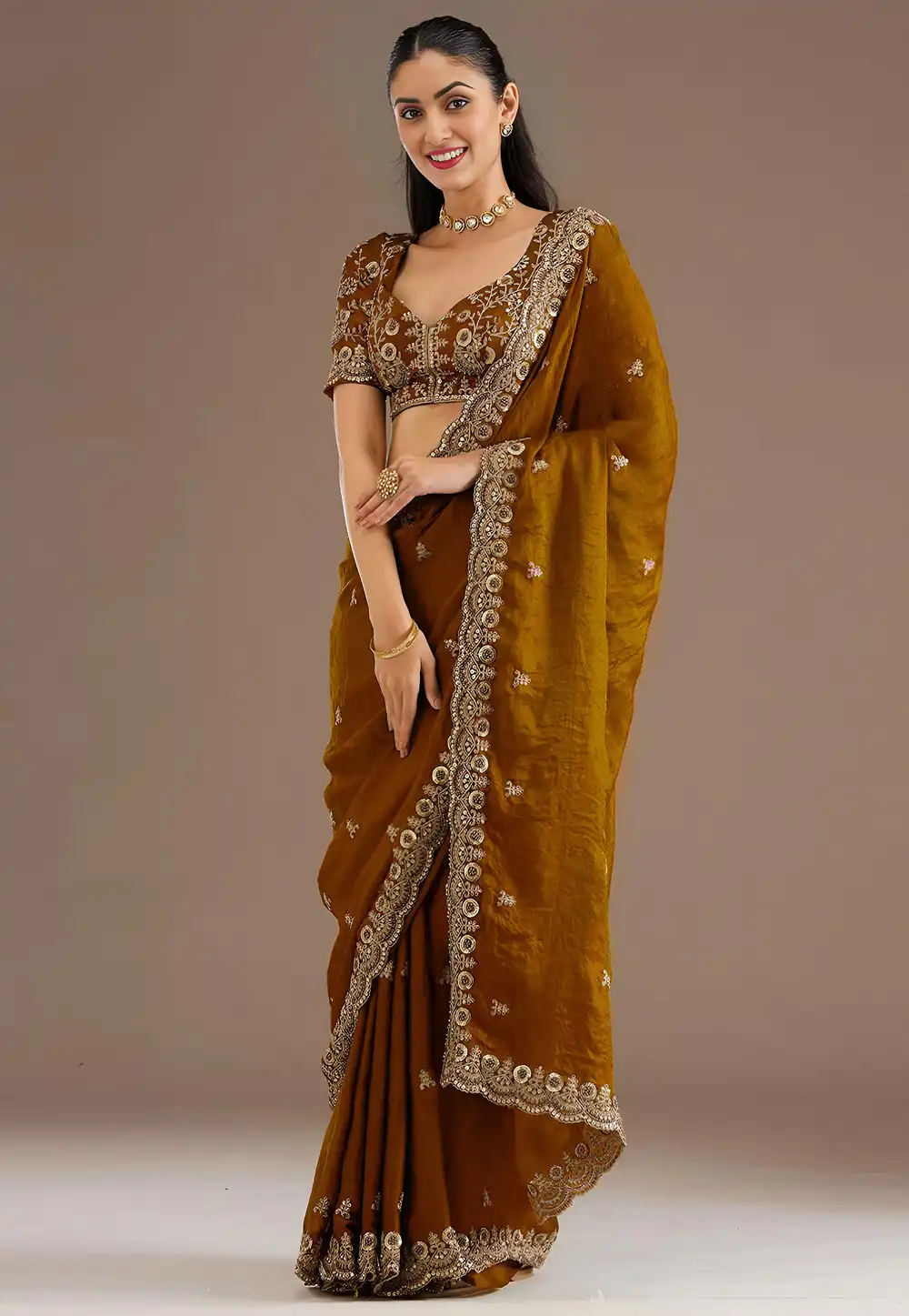 Golden Tissue Saree With Blouse 326754