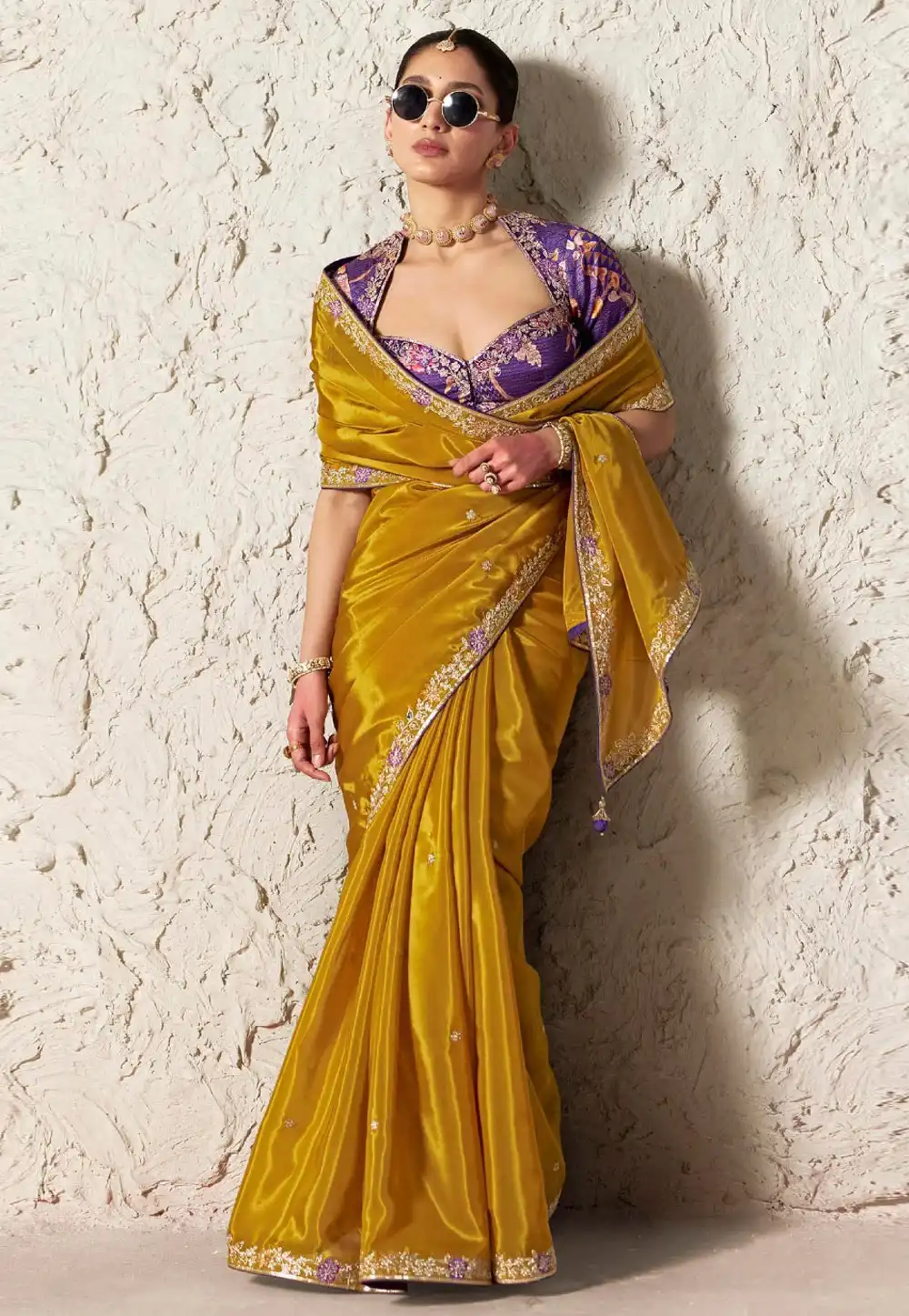 Golden Tissue Saree With Blouse 327889