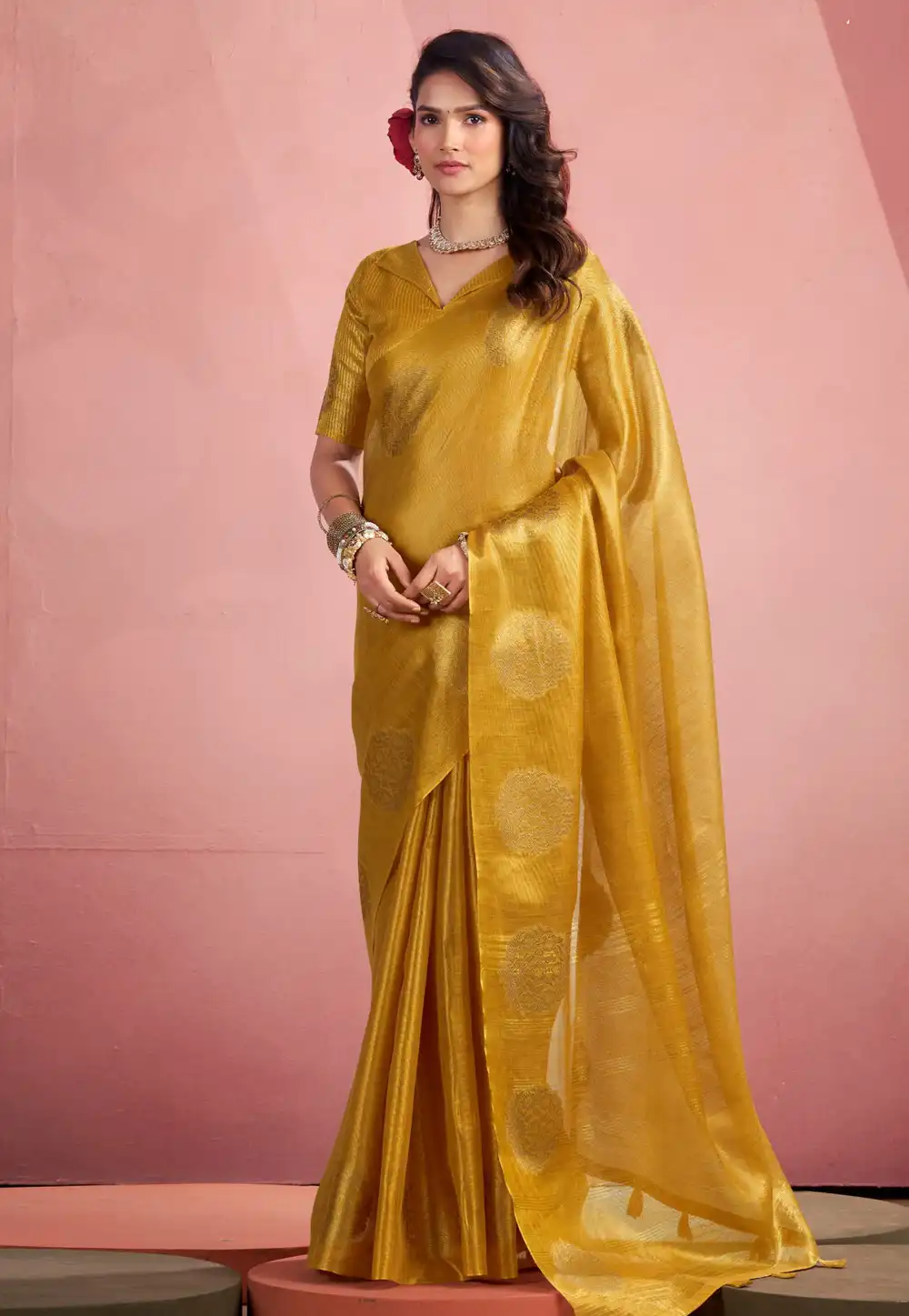 Golden Tissue Saree With Blouse 314302