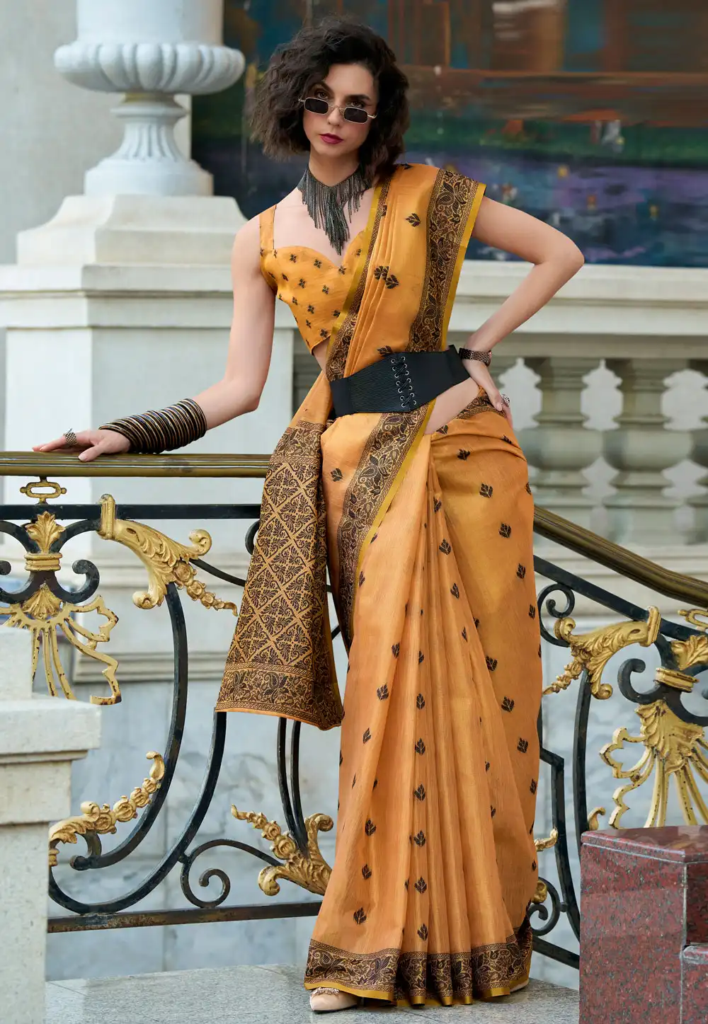 Golden Tissue Saree With Blouse 325683