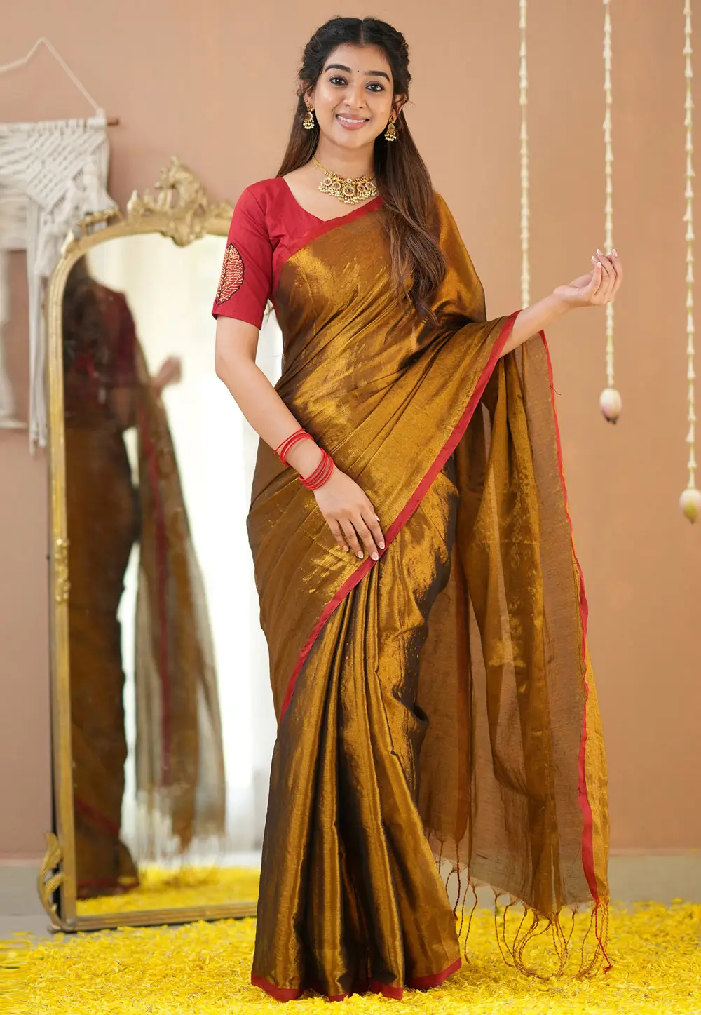 Golden Tissue Saree With Blouse 332715