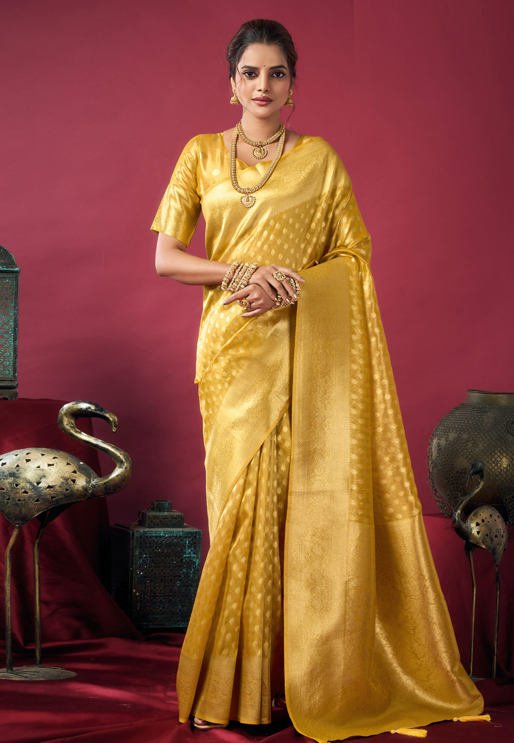 Golden Tissue Silk Saree With Blouse 317713