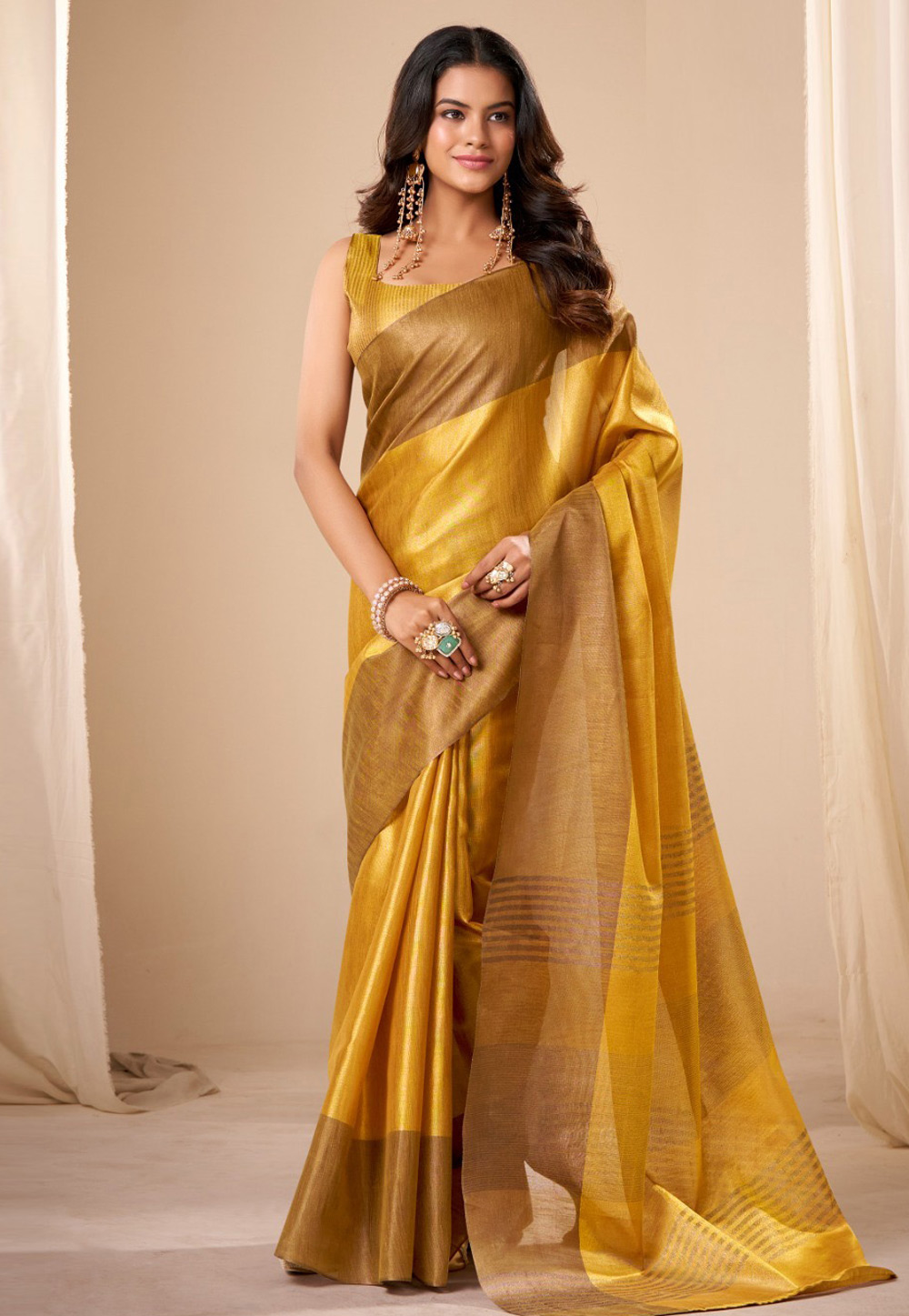 Golden Tissue Silk Saree With Blouse 322151