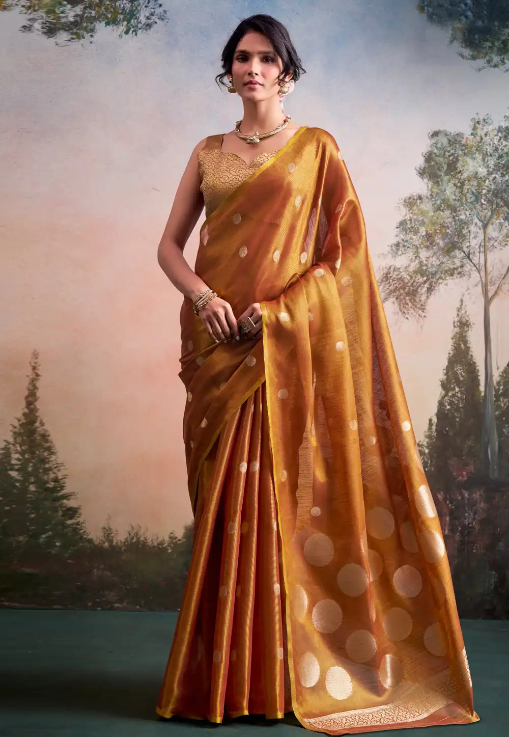 Golden Tissue Silk Saree With Blouse 329037