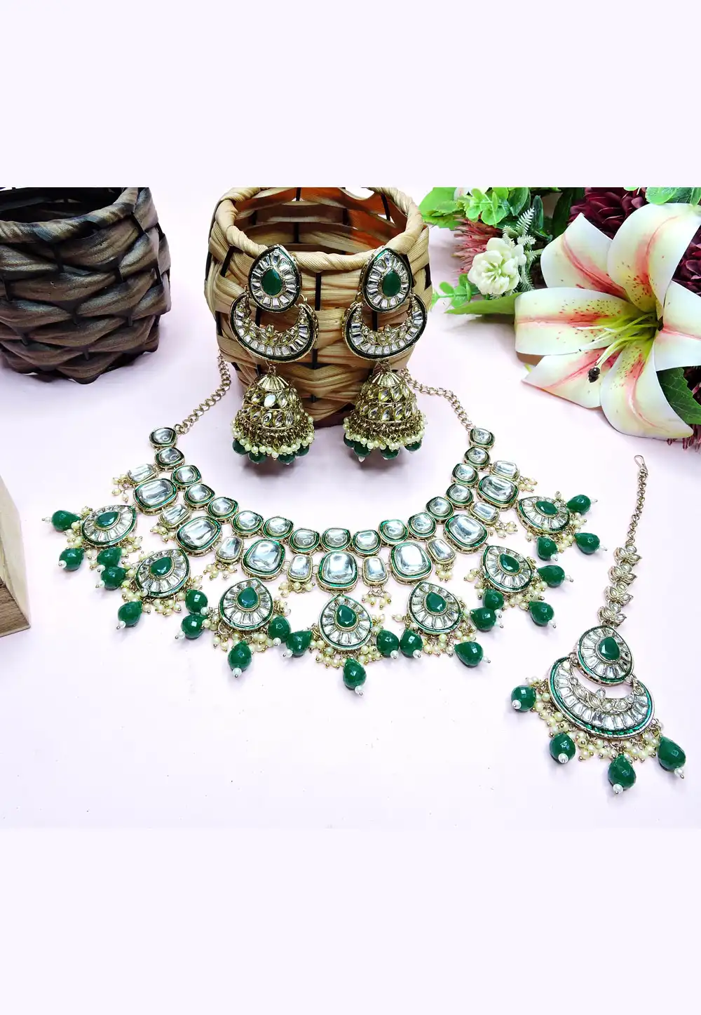 Green Alloy Necklace Set With Earrings and Maang Tikka 312379