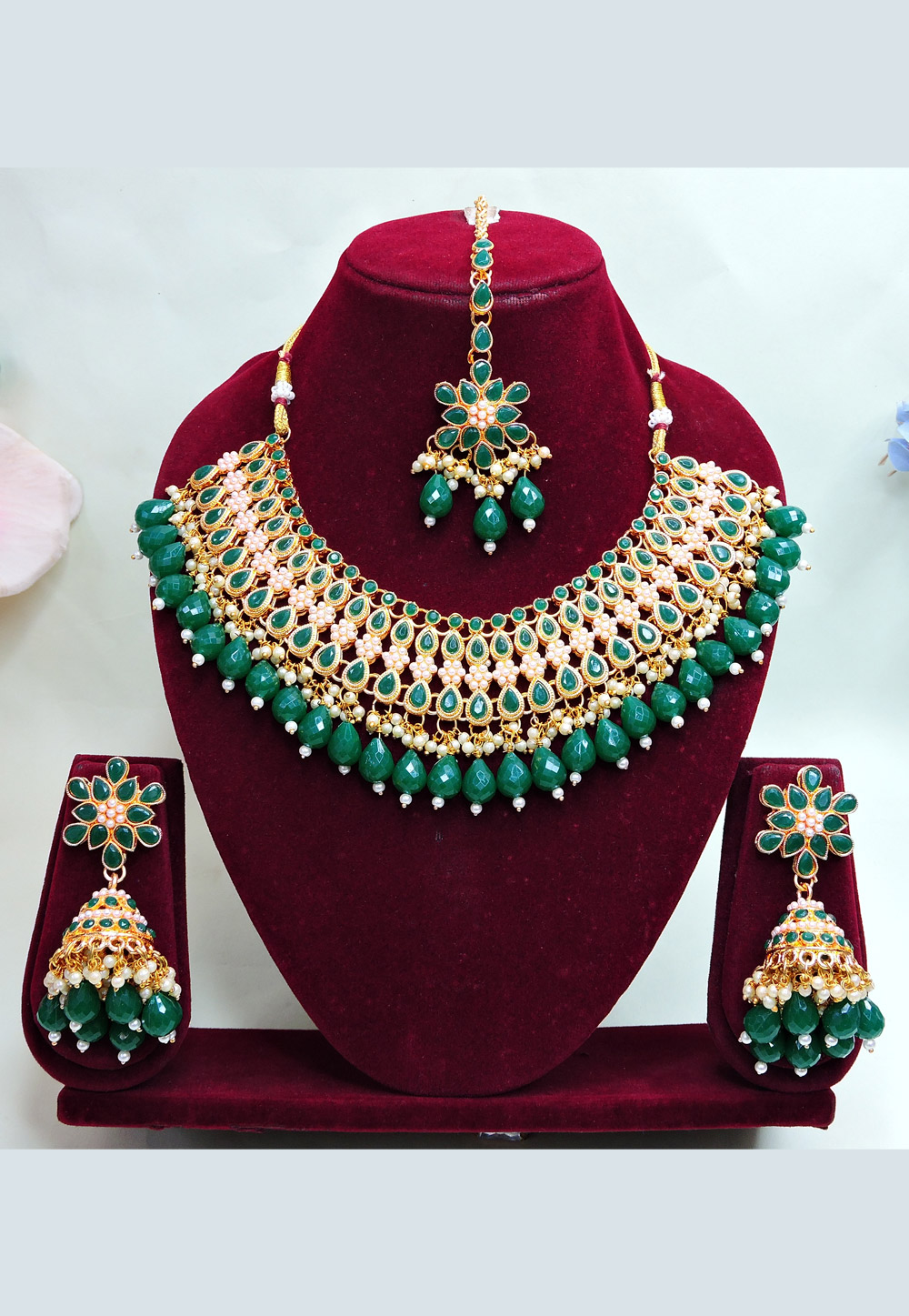 Green Alloy Necklace Set With Earrings and Maang Tikka 312422