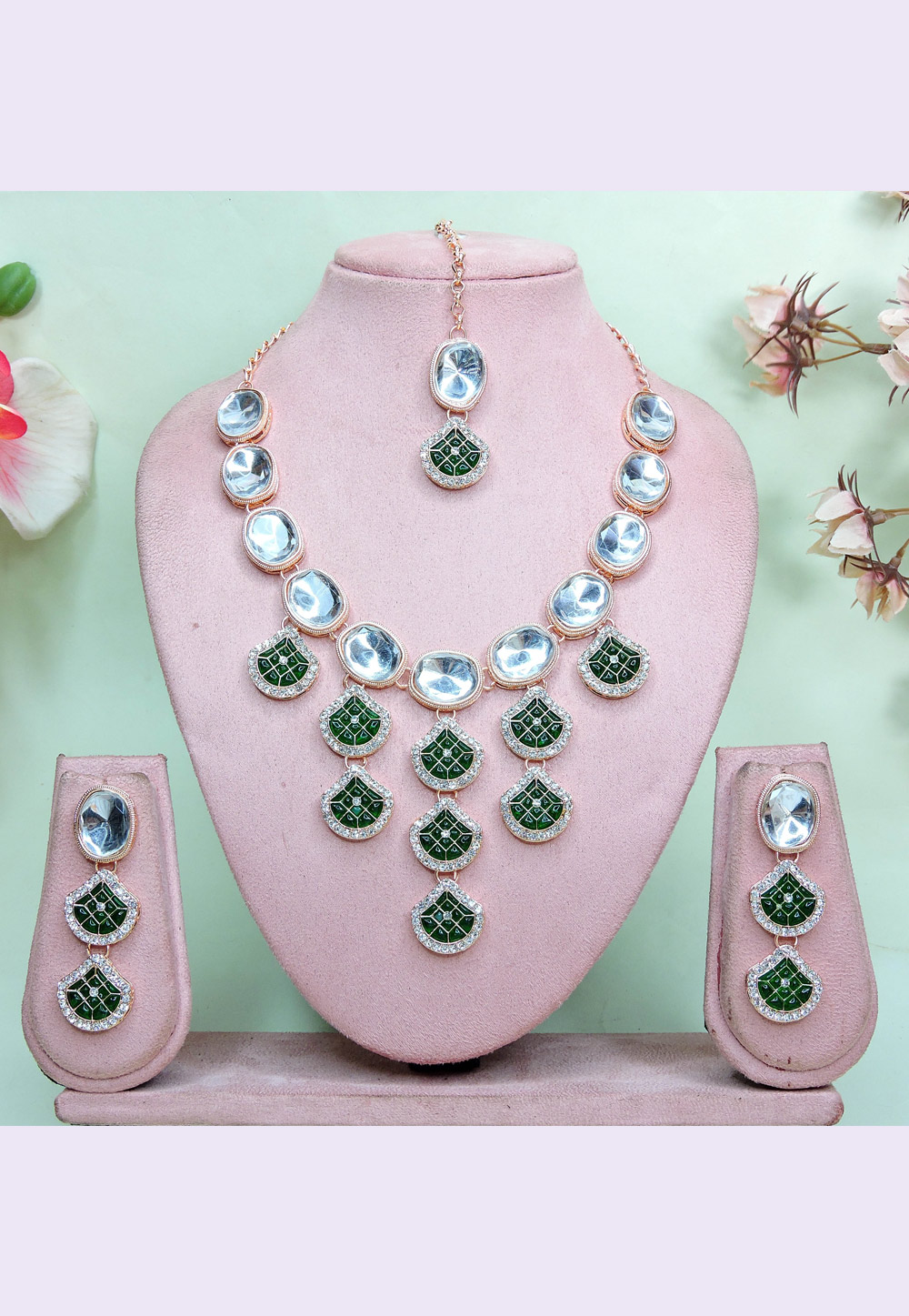 Green Alloy Necklace Set With Earrings and Maang Tikka 312434
