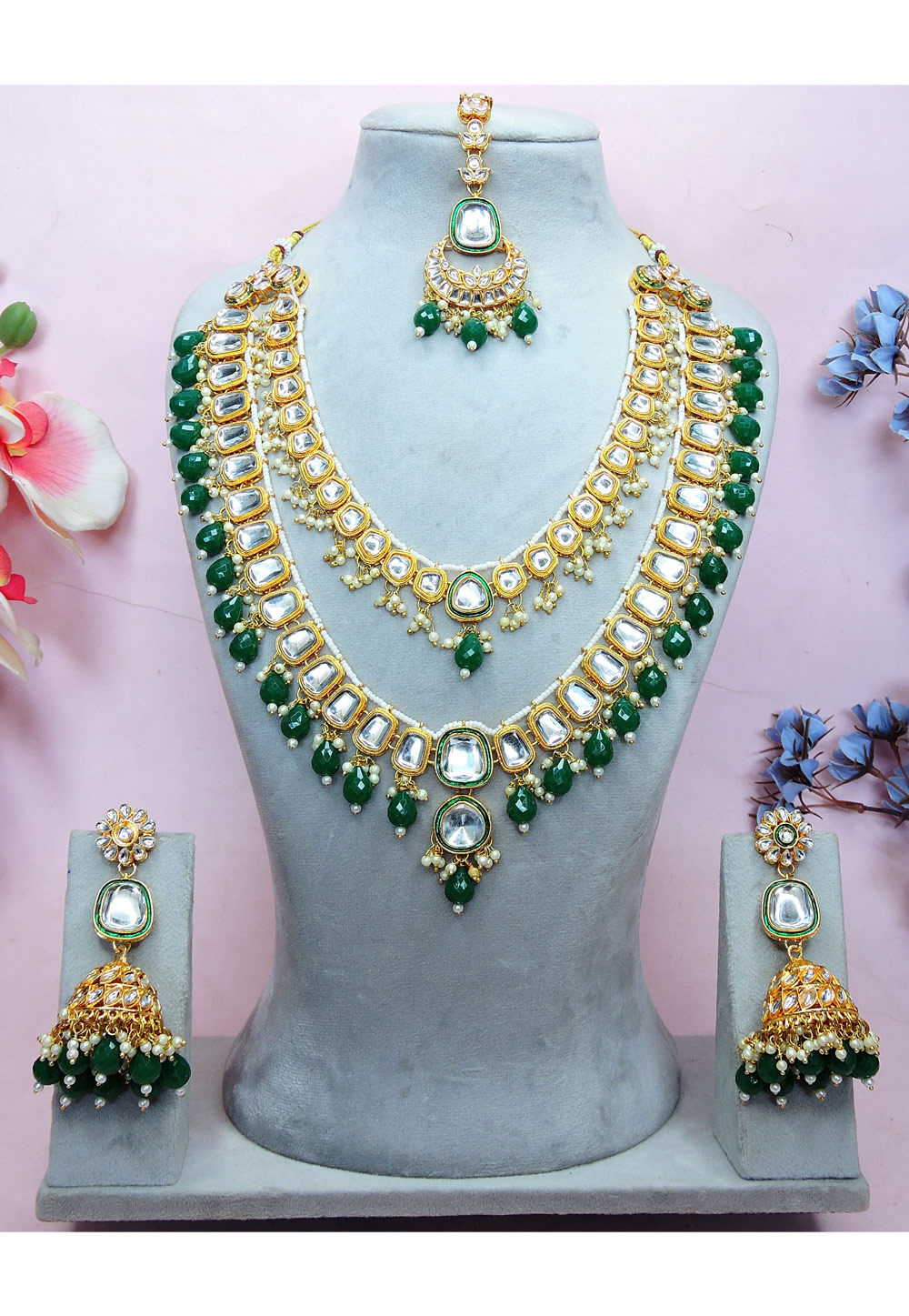 Green Alloy Necklace Set With Earrings and Maang Tikka 312771