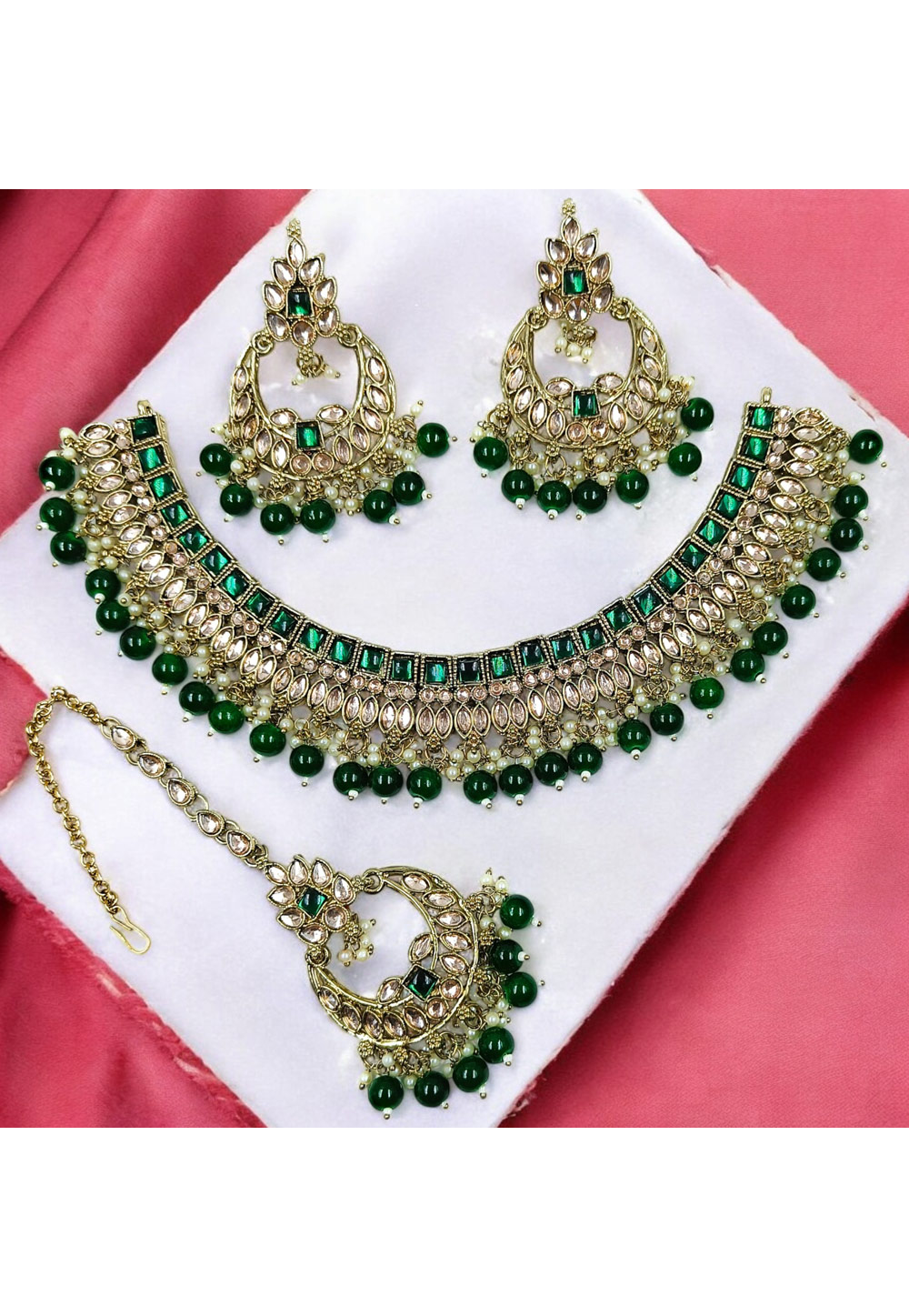 Green Alloy Necklace Set With Earrings and Maang Tikka 313754