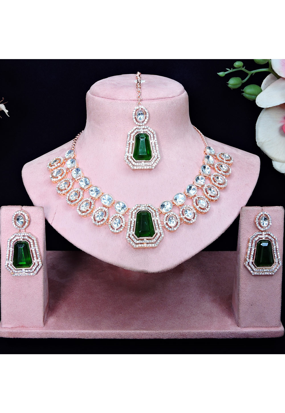 Green Alloy Necklace Set With Earrings and Maang Tikka 329845