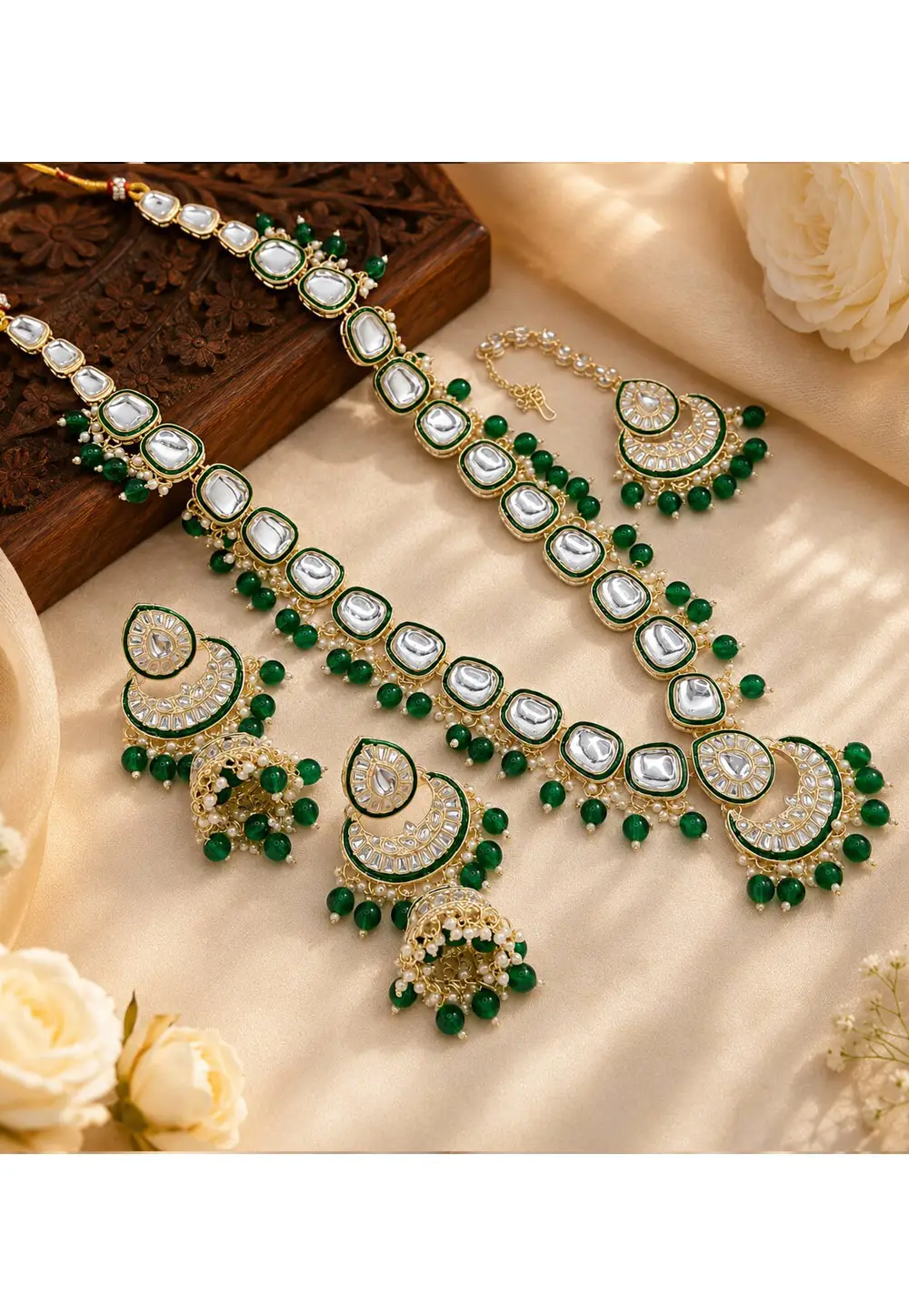 Green Alloy Necklace Set With Earrings and Maang Tikka 333837