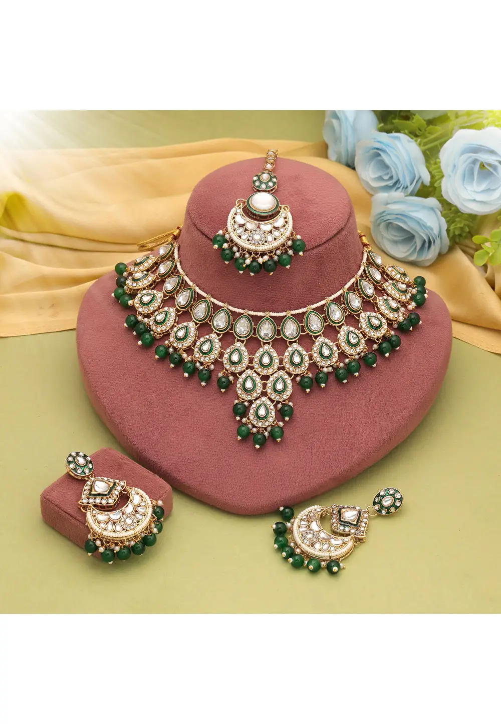 Green Alloy Necklace Set With Earrings and Maang Tikka 334908