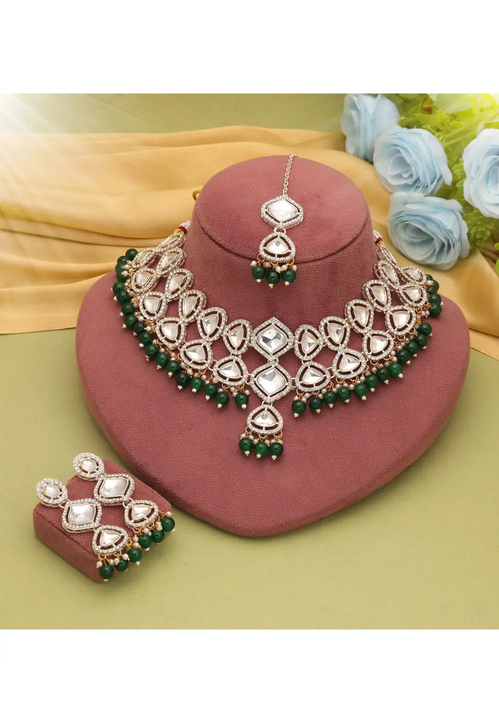 Green Alloy Necklace Set With Earrings and Maang Tikka 334911