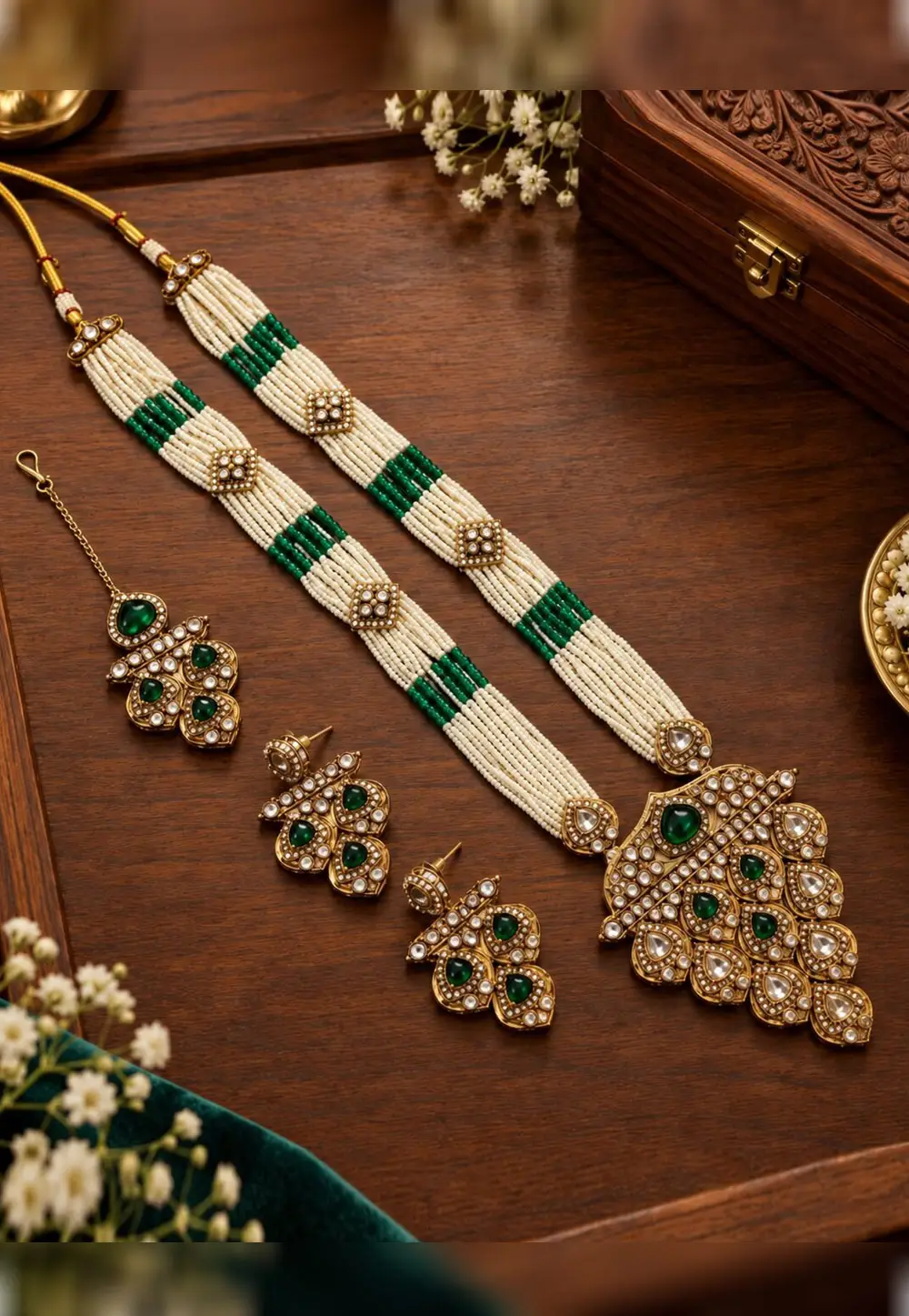 Green Alloy Necklace Set With Earrings and Maang Tikka 336287