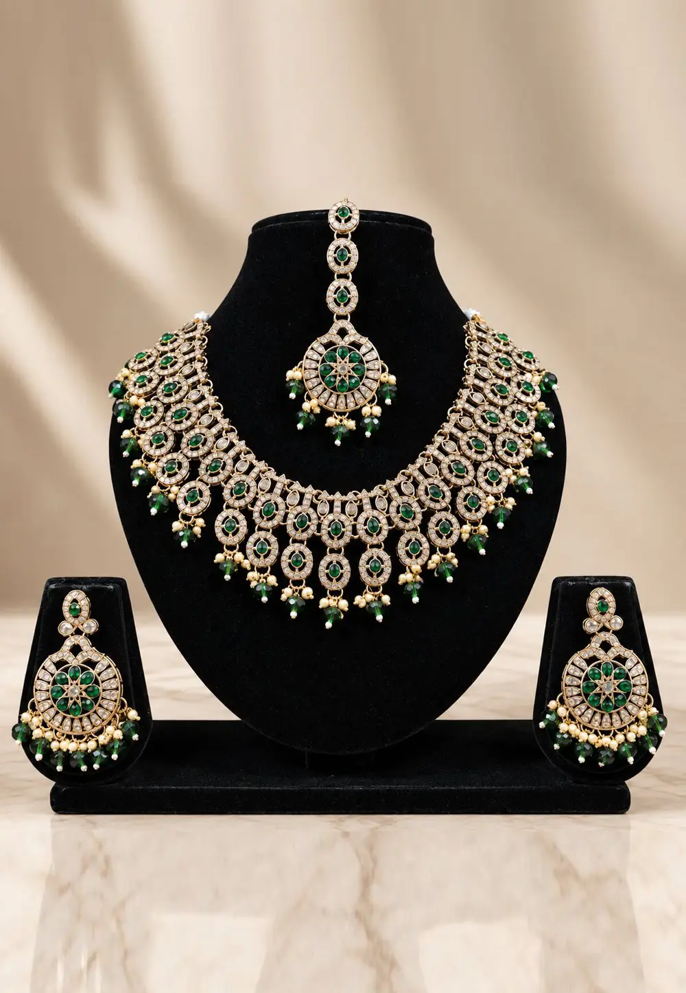 Green Alloy Necklace Set With Earrings and Maang Tikka 336283