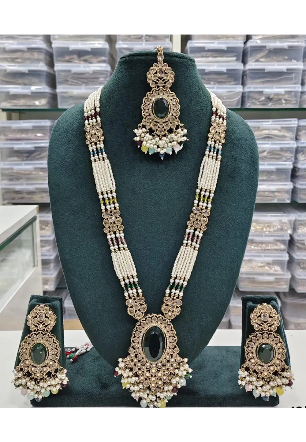 Green Alloy Necklace Set With Earrings and Maang Tikka 336700