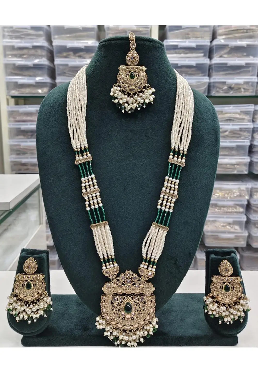Green Alloy Necklace Set With Earrings and Maang Tikka 336705