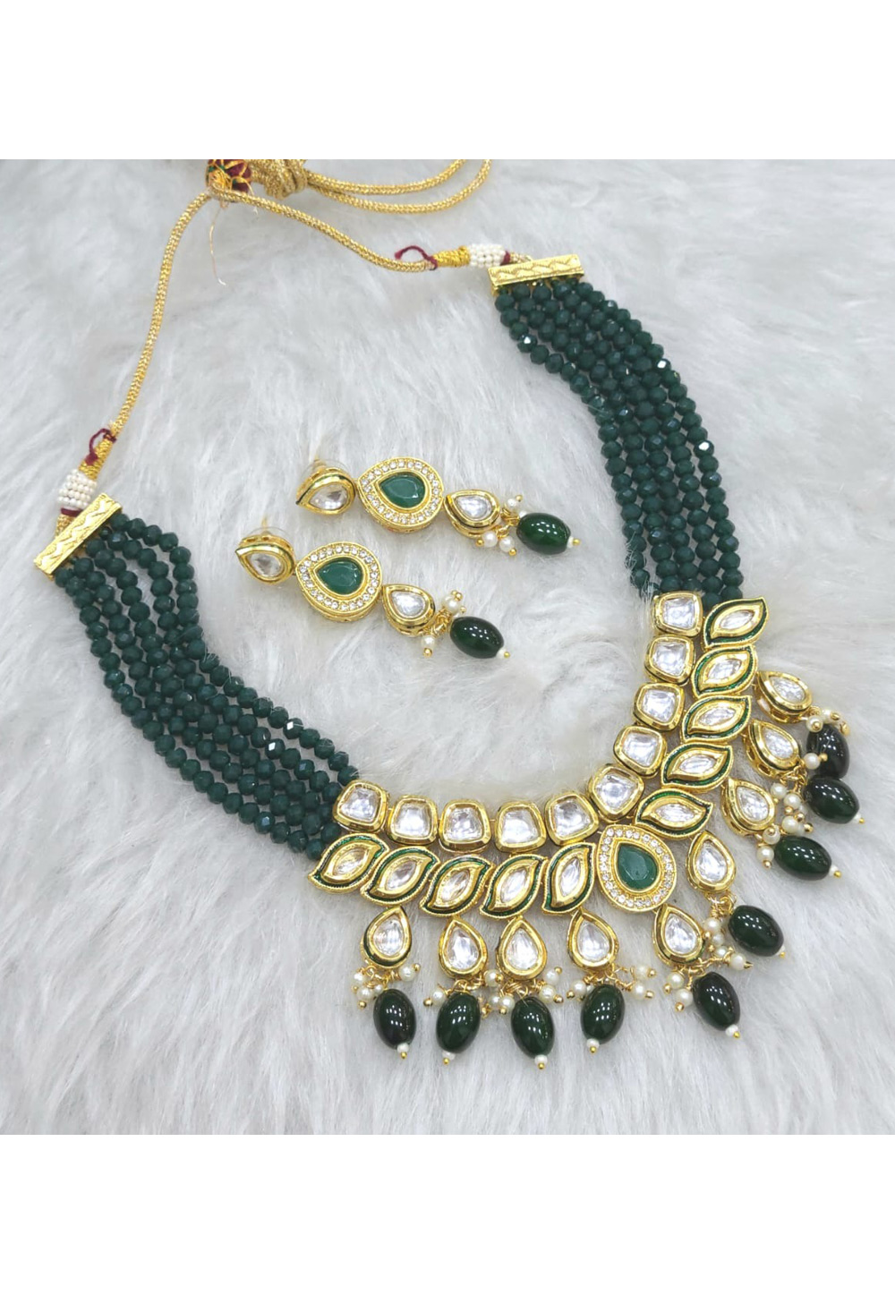 Green Alloy Necklace With Earrings 313534