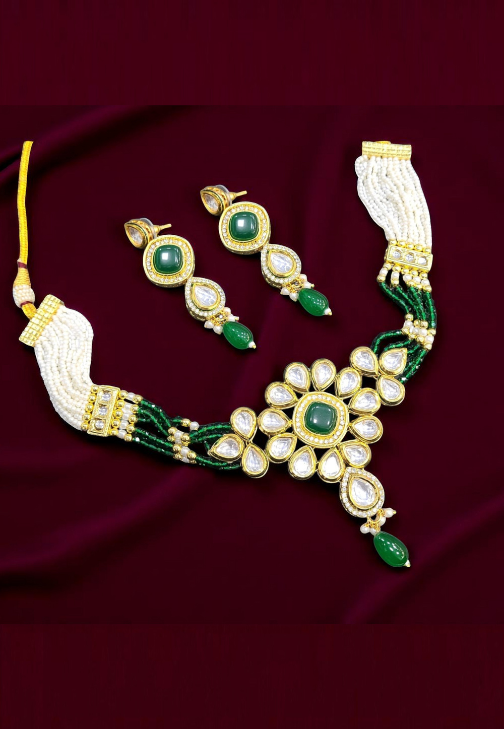 Green Alloy Necklace With Earrings 313544