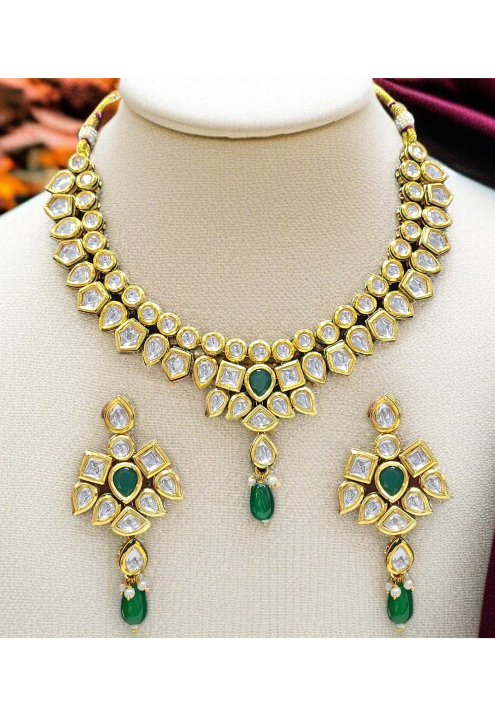 Green Alloy Necklace With Earrings 313757