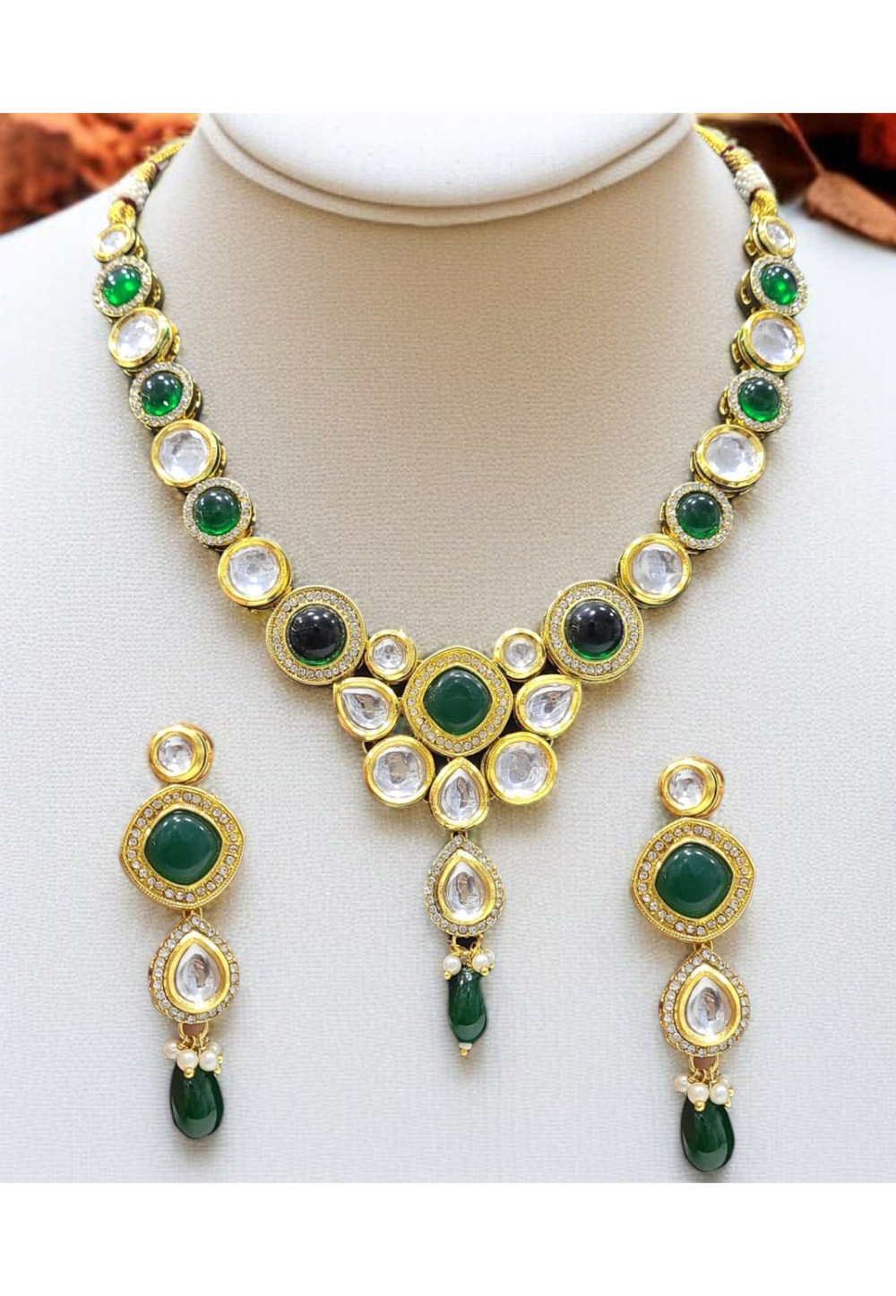 Green Alloy Necklace With Earrings 313940