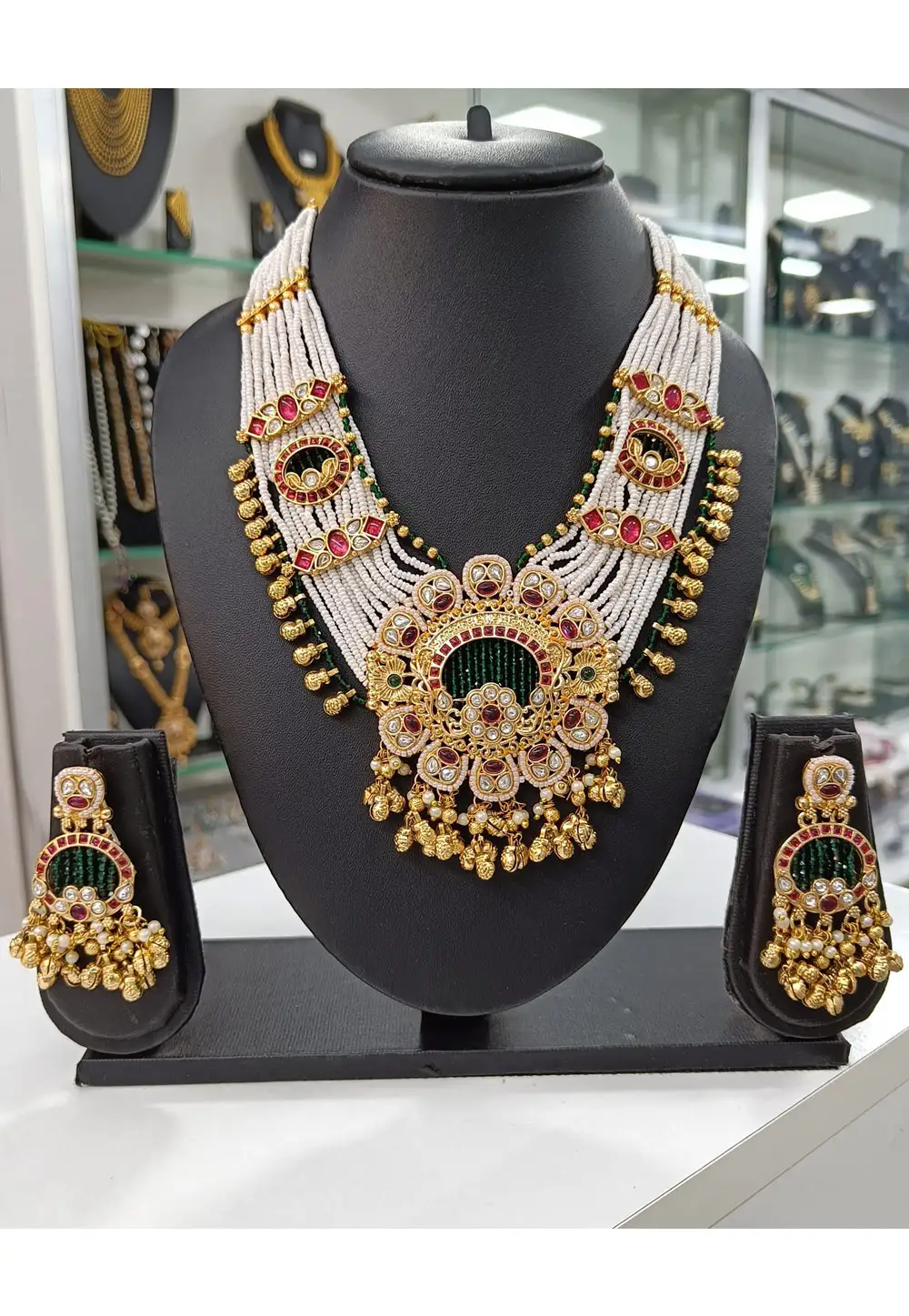 Green Alloy Necklace With Earrings 330756