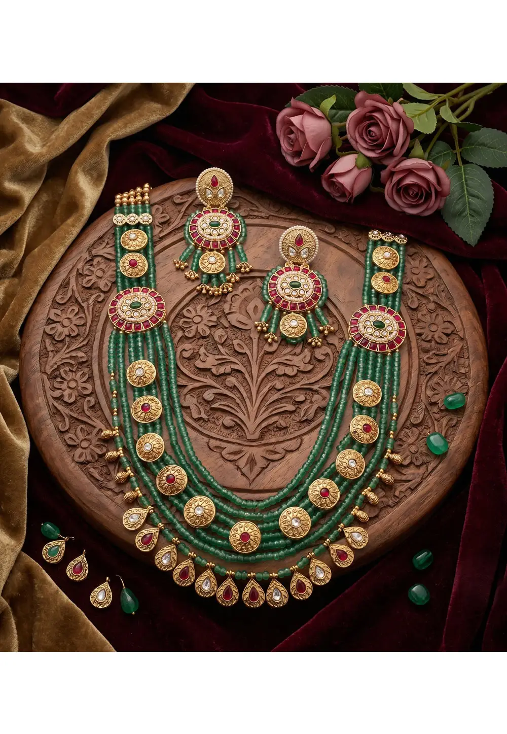 Green Alloy Necklace With Earrings 330970
