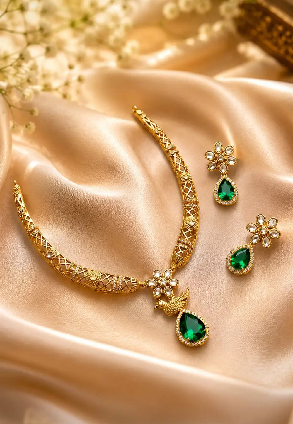 Green Alloy Necklace With Earrings 332539