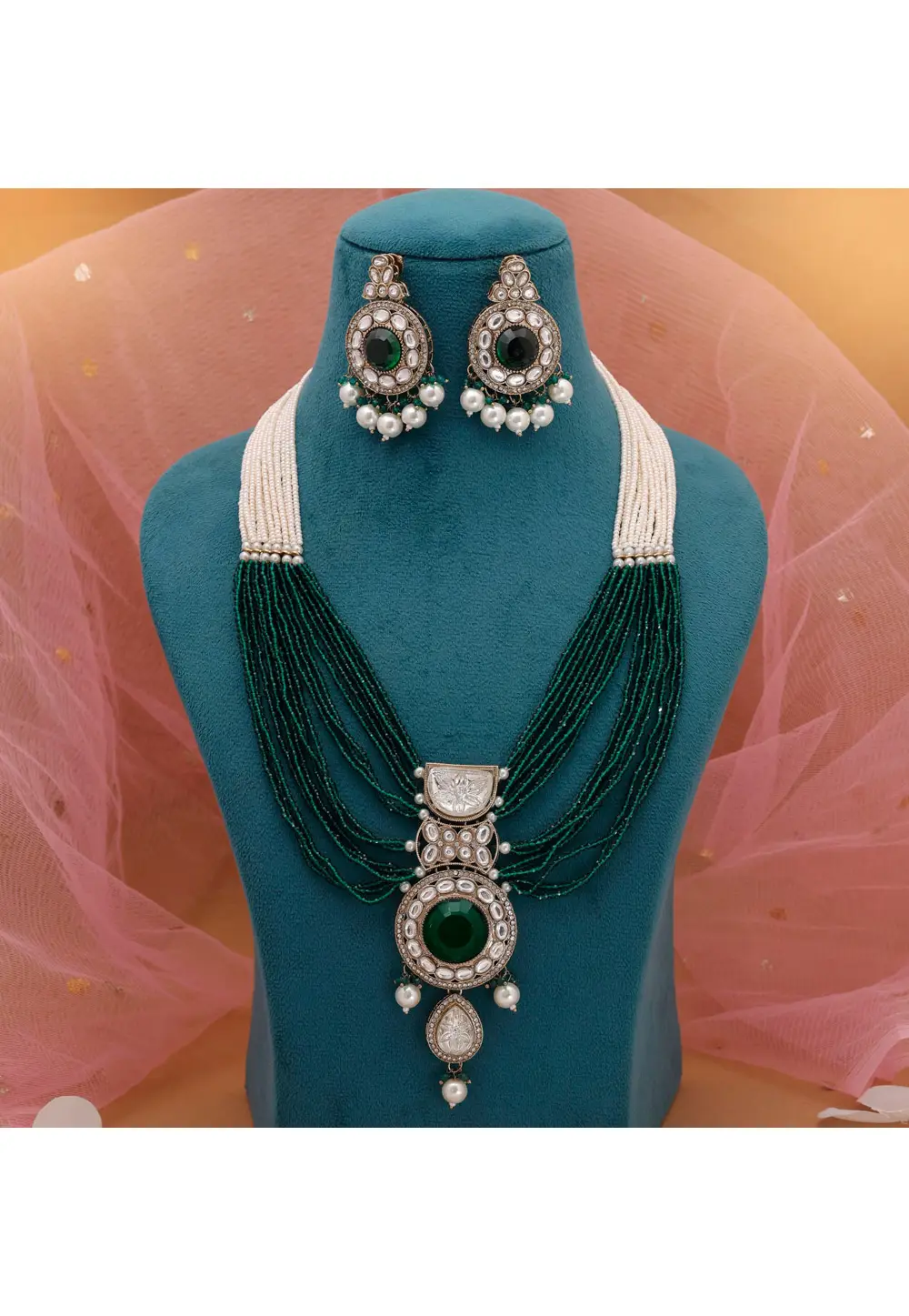Green Alloy Necklace With Earrings 333748
