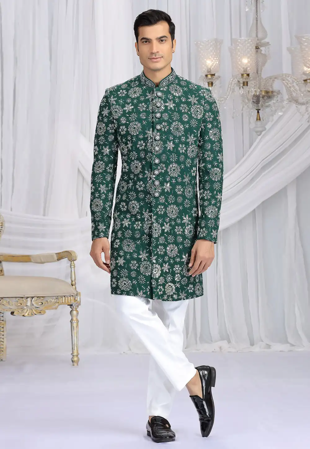 Green Art Silk Achkan Style Sherwani 319036