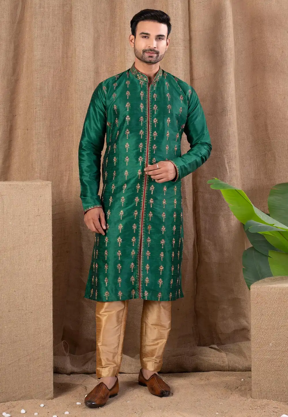 Green Art Silk Indo Western Suit 316456