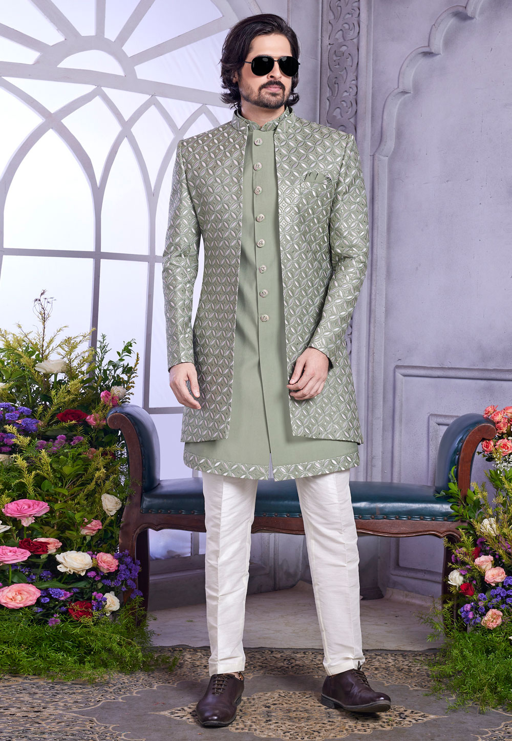 Green Art Silk Jacket Style Sherwani 308589