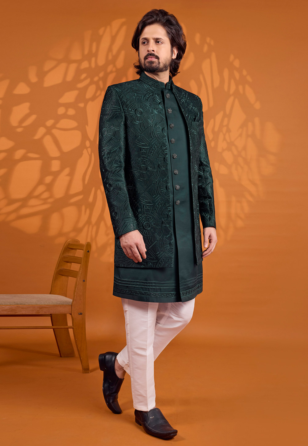 Green Art Silk Jacket Style Sherwani 330246