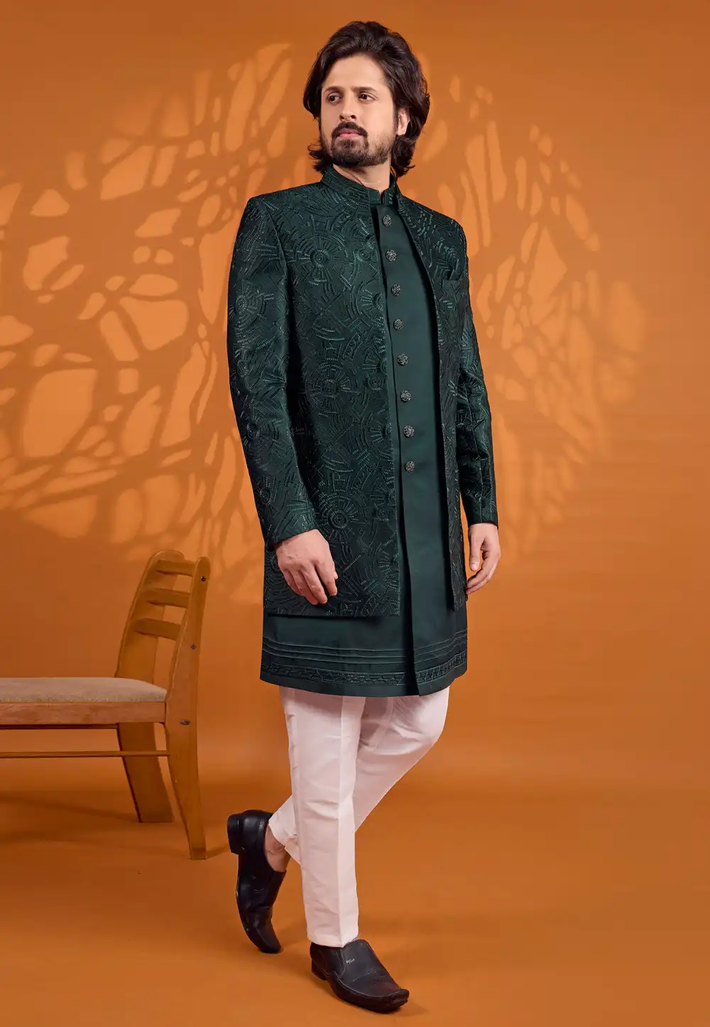 Green Art Silk Jacket Style Sherwani 330246