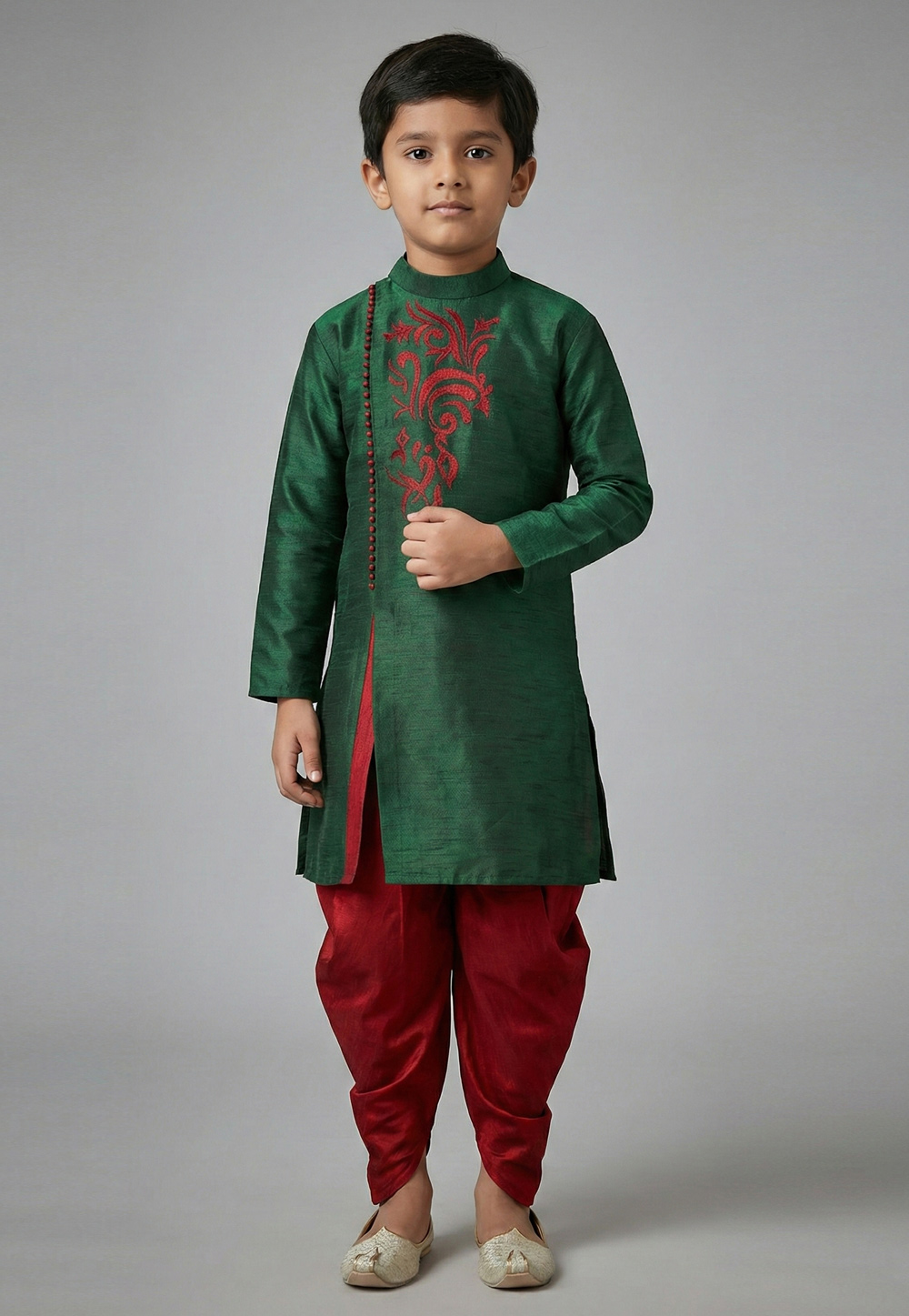 Green Art Silk Kids Dhoti Kurta 324568