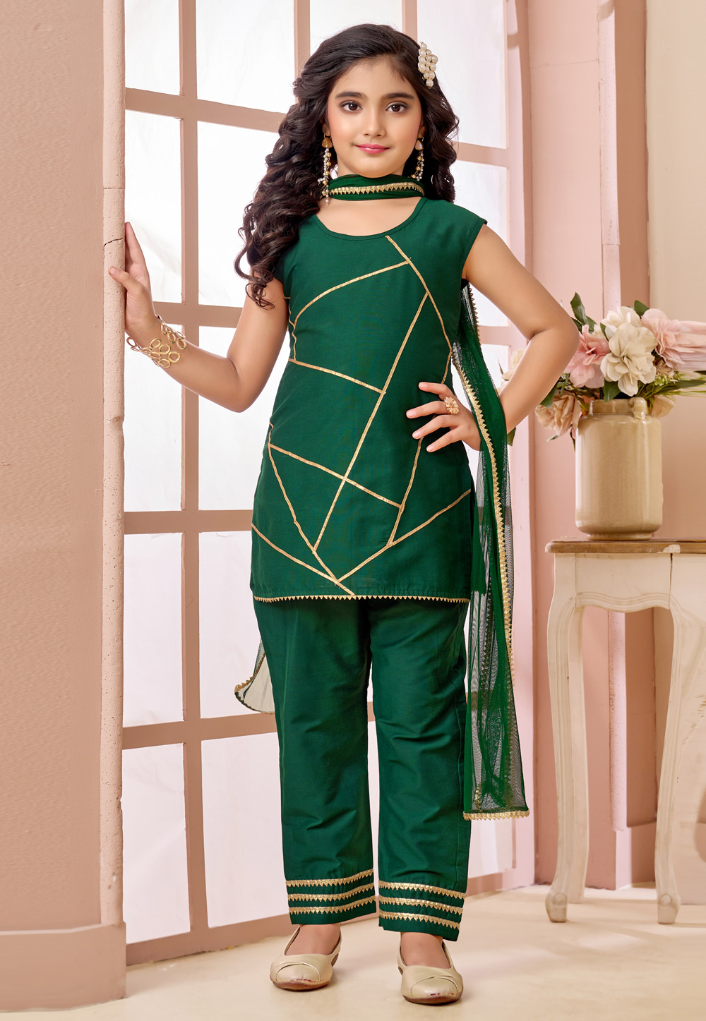 Green Art Silk Kids Pant Style Suit 325179