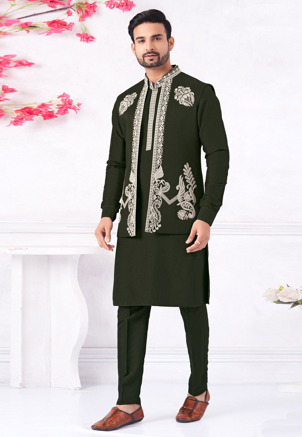 Green Art Silk Kurta Pajama With Jacket 322309