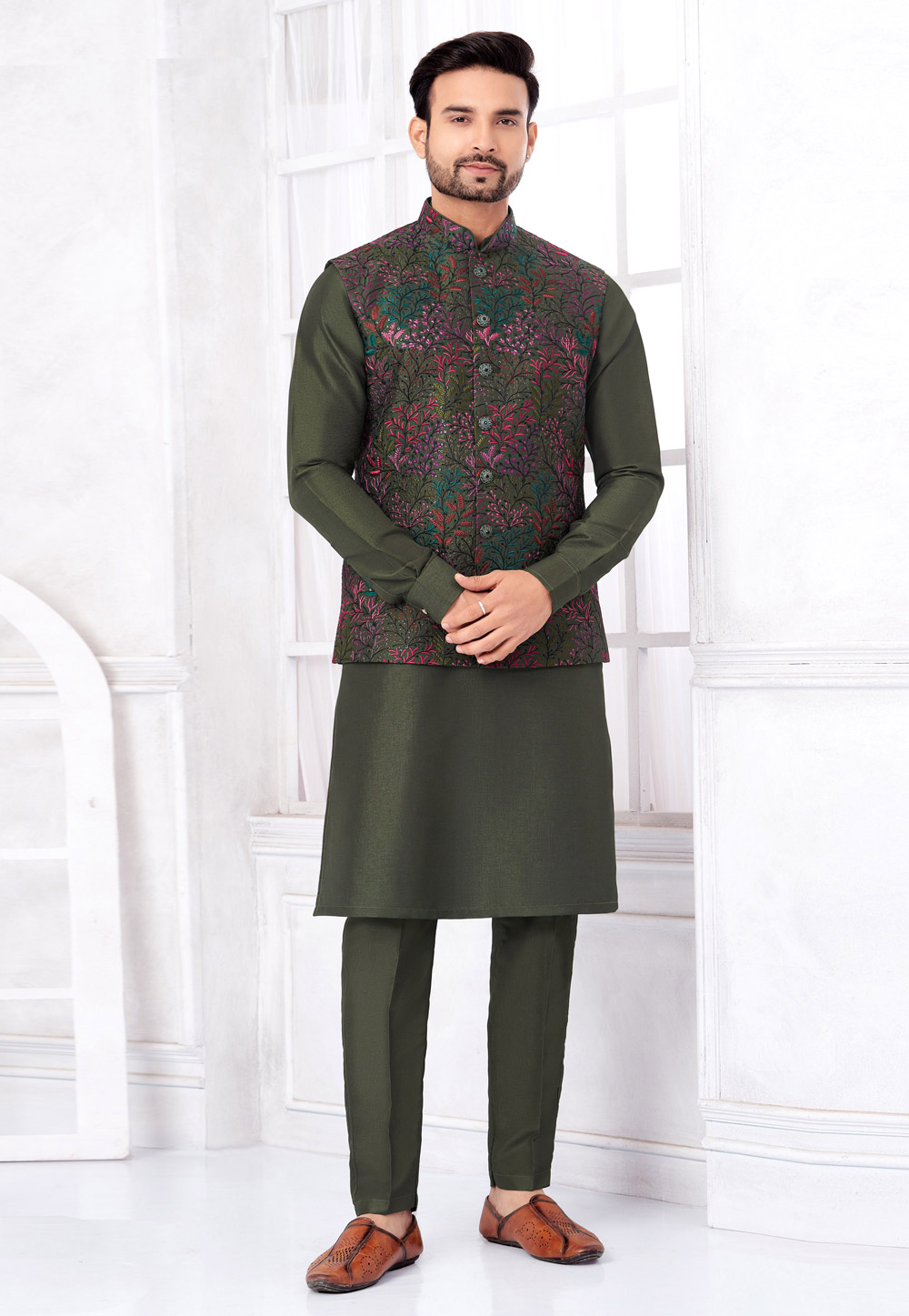 Koninklijke traditionele heren zijden mix designer zwarte kurta pyjama etnische feestkleding, Zwart, Chest 40 - 42 Inches