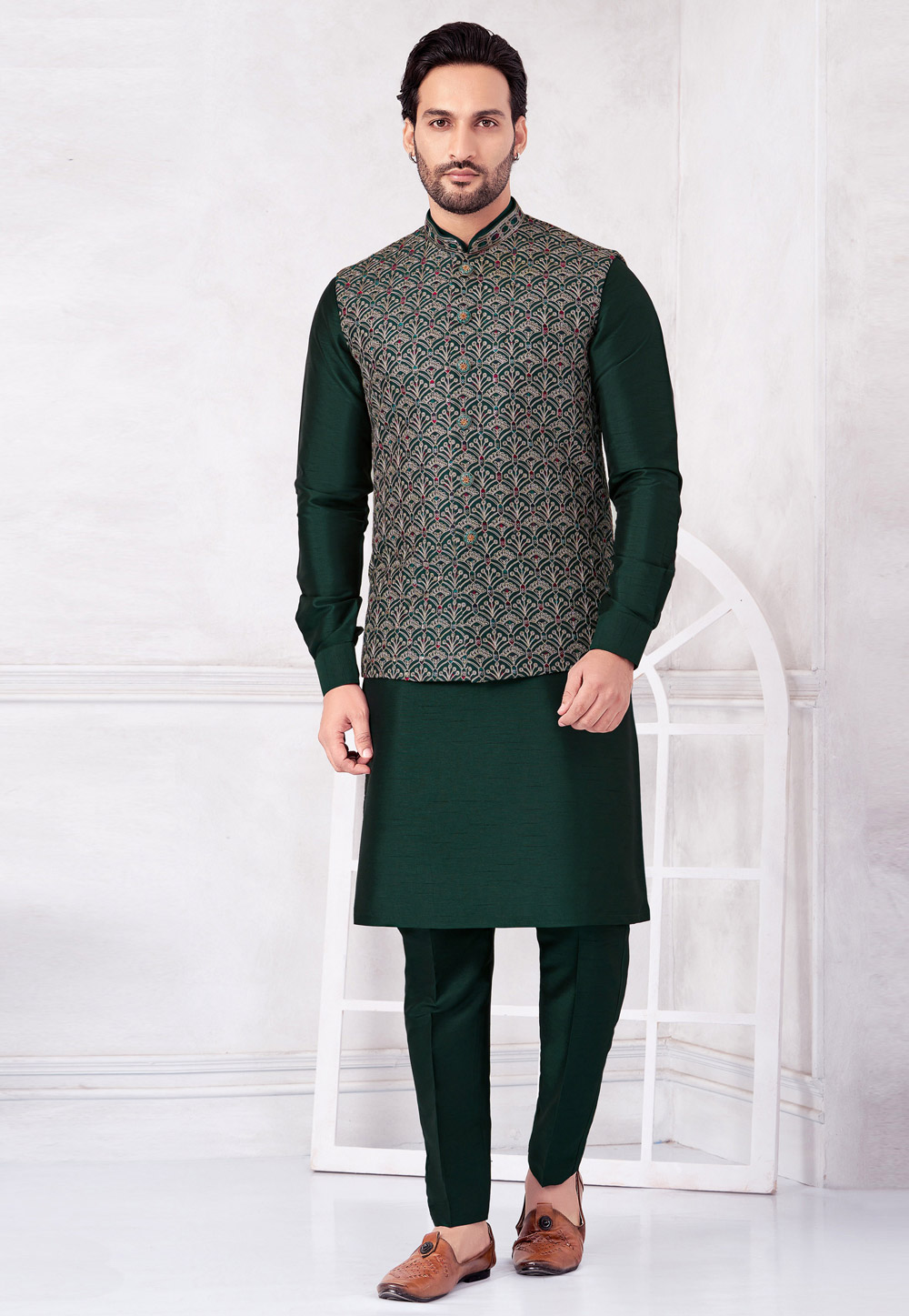 Green Art Silk Kurta Pajama With Jacket 322335